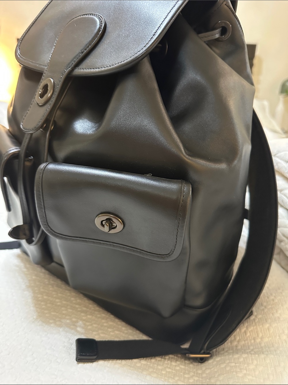 Coach Black Leather Men's Backpack with Front Pockets - Picture 3 of 7